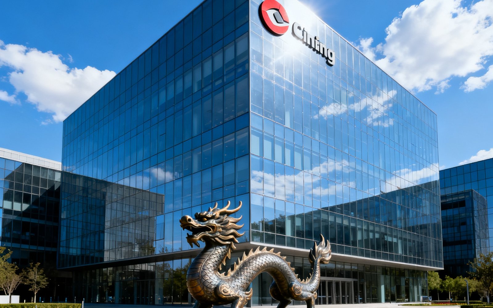 BB贝博艾弗森总部大楼外观，现代化的玻璃幕墙建筑矗立在北京市朝阳区望京科技园内，楼前广场上矗立着公司标志性的龙形雕塑，蓝天白云映衬下显得气势恢宏