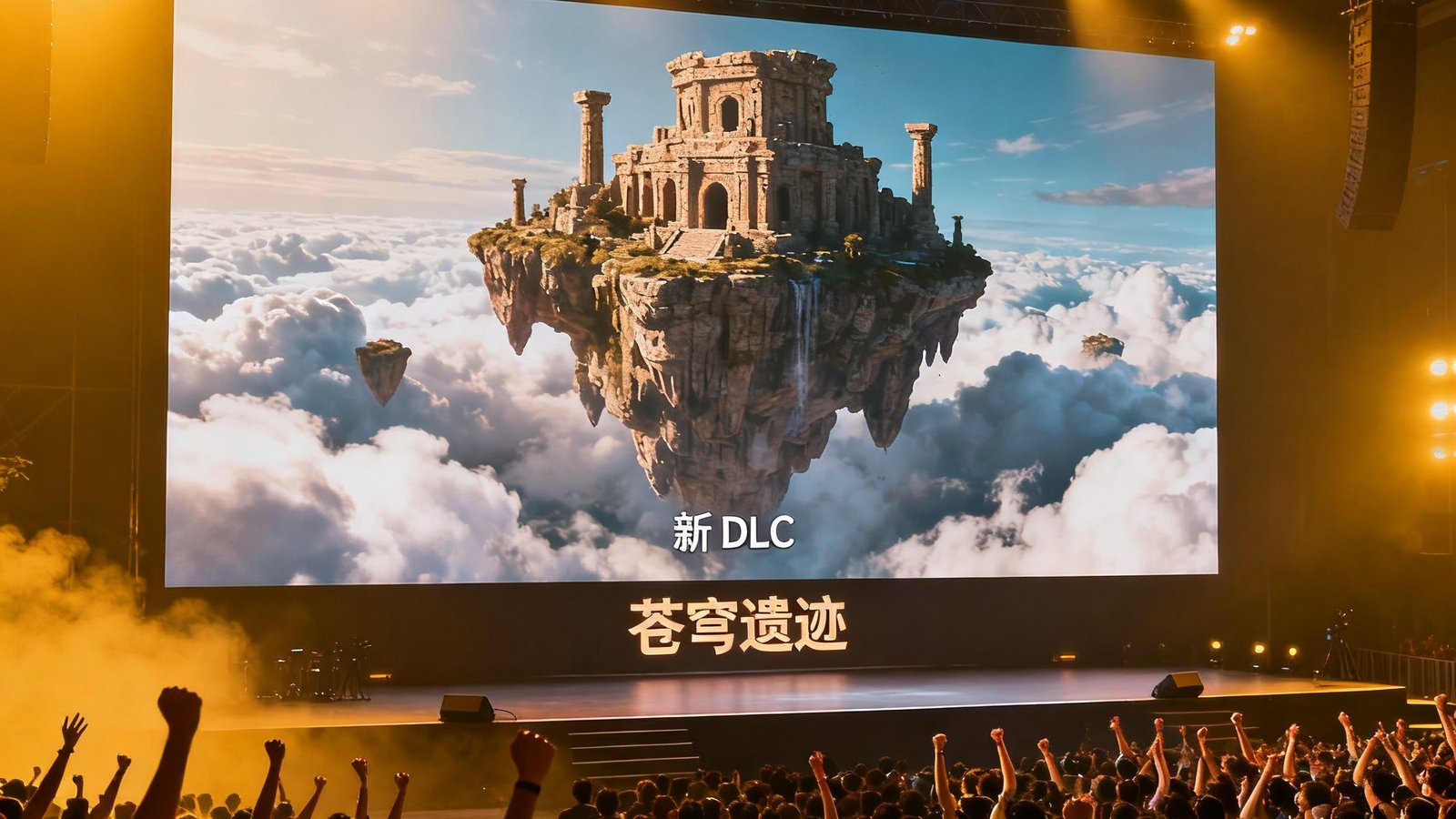游戏发布会现场，巨大的LED屏幕上正在播放新DLC「苍穹遗迹」的预告片，画面中展示着悬浮在云端的古代遗迹，台下观众席座无虚席，气氛热烈