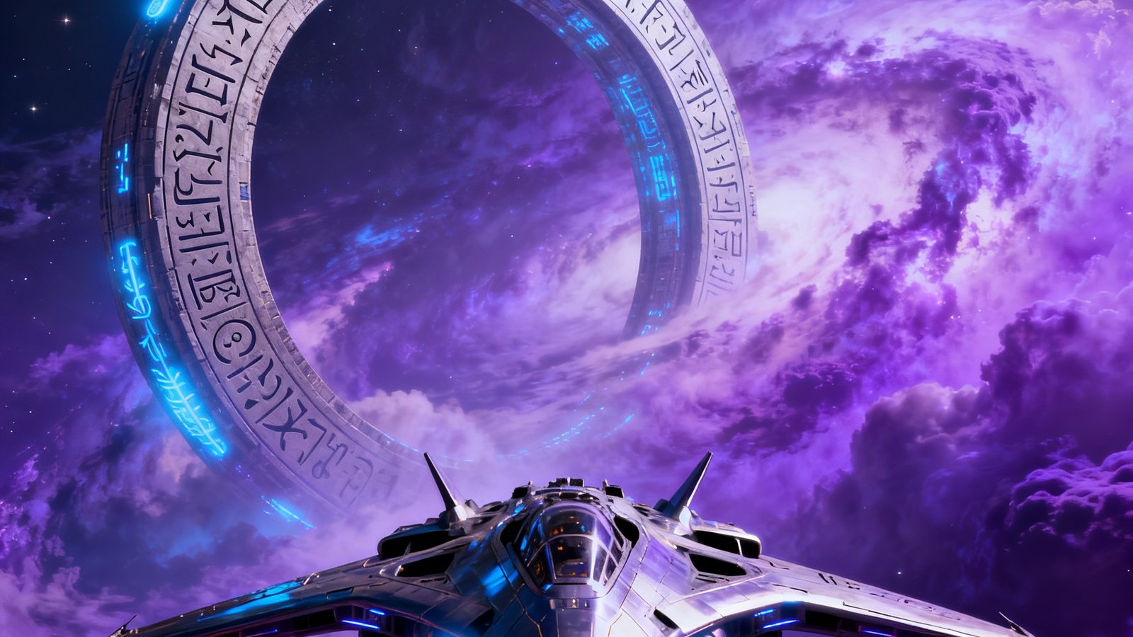 《虚空旅人》游戏画面：一艘流线型星际飞船在绚丽的紫色星云中航行，前方赫然出现一个巨大的人造环形结构体，表面布满神秘符文，散发出柔和的蓝色光芒