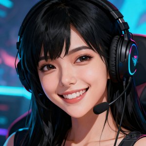 一位留着黑色长发的年轻女性玩家头像，背景虚化为游戏主题色，她露出自信的笑容，耳戴游戏耳机